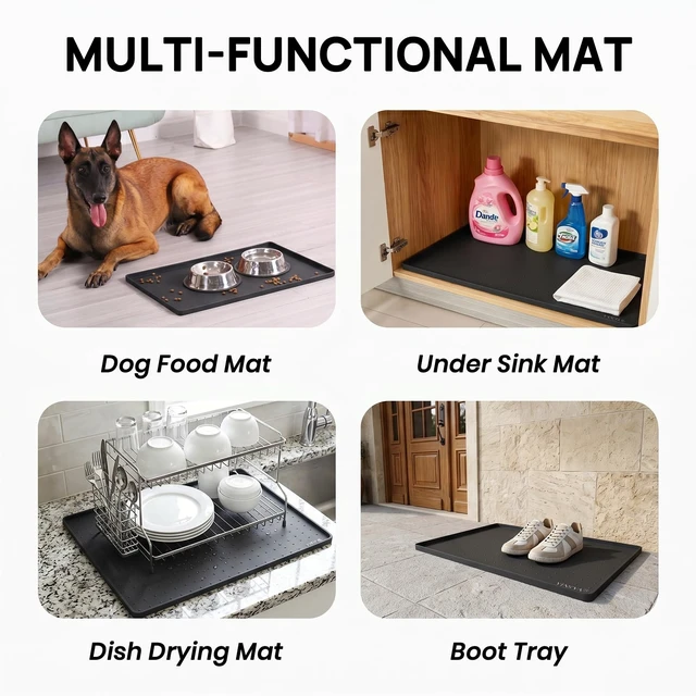 Alt view image 7 of 7 - 24" x 16" Silicone Under Sink Mat Waterproof,0.6" Raised Edge(Black) | Non-Slip Shelf and Cabinet Liner, BPA-Free Multi-purpose Silicone Mat for Floors, Kitchen, Bathroom Protection and Organizer