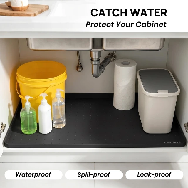 Alt view image 3 of 7 - 24" x 16" Silicone Under Sink Mat Waterproof,0.6" Raised Edge(Black) | Non-Slip Shelf and Cabinet Liner, BPA-Free Multi-purpose Silicone Mat for Floors, Kitchen, Bathroom Protection and Organizer