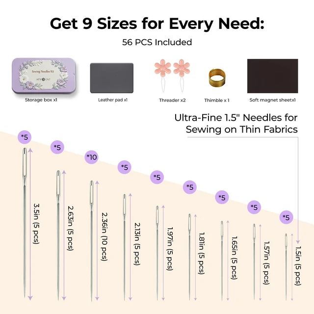 Alt view image 2 of 7 - Sewing Needles 56 PCS, Large Eye Embroidery Needles for Hand Sewing | 9 Size Hand Sewing Needles with Needle Threader, Thimble for Crafts, Repair, Quilting (Silver 56PCS)