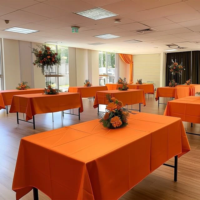 Alt view image 2 of 2 - Orange Plastic Table Cloth Disposable, 4 Pack, 54 x 108 in | Rectangle, 6 ft Tables, Party Holiday Gathering