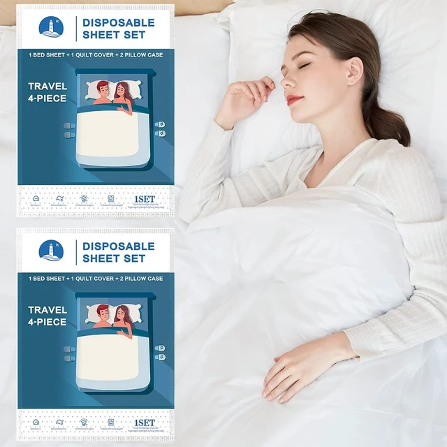 Main image of Two Sets of Disposable Bed Sheets, Quilt Cover and Pillow case Set for Hotel and Travel. Portable Ready to use Bedding Set (Travel 4-Piece Double) 2 Sets