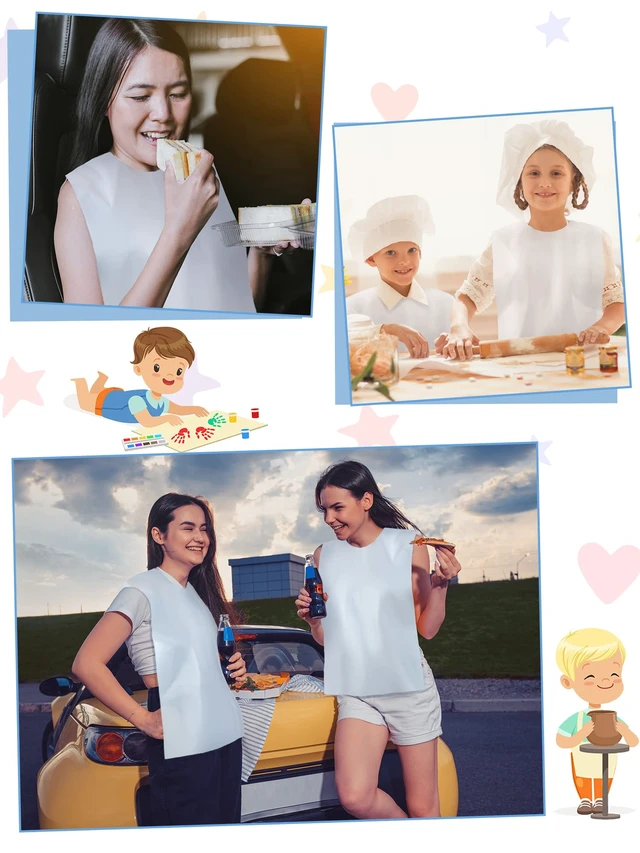 Alt view image 6 of 7 - 200 Packs Plastic Disposable Bibs for Adults 14 x 24 Inch, White | Eating Plastic Bibs Bulk for Women Men Elderly Dining Clothing Protector Waterproof Disposable Design
