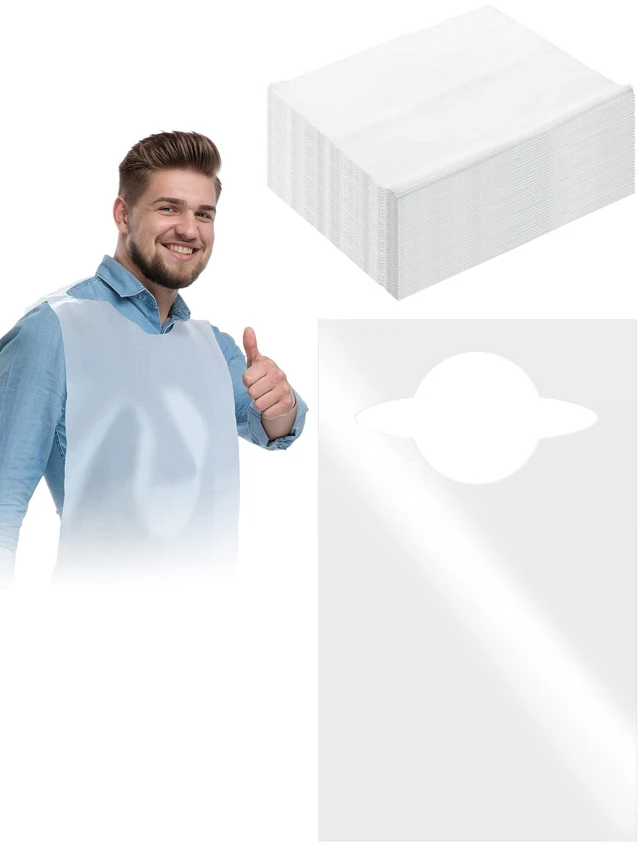 Main image of 200 Packs Plastic Disposable Bibs for Adults 14 x 24 Inch, White | Eating Plastic Bibs Bulk for Women Men Elderly Dining Clothing Protector Waterproof Disposable Design