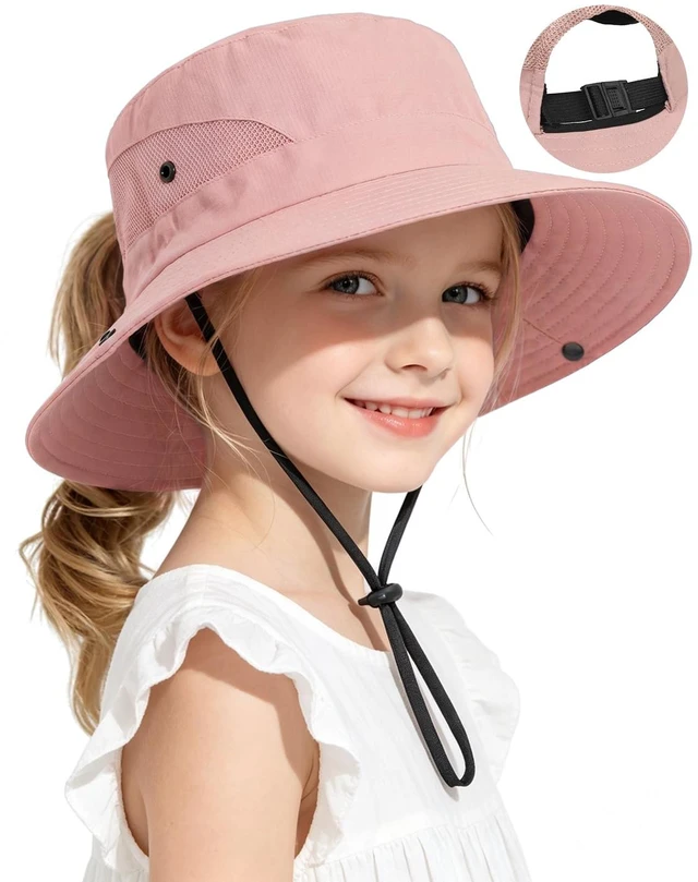 Main image of Kids Sun Hat Ponytail Girls UPF 50 Bucket Cap Summer Beach Fishing Kids Hat Wide Brim Adjustable Swim Hat Solid Pink 8-12T
