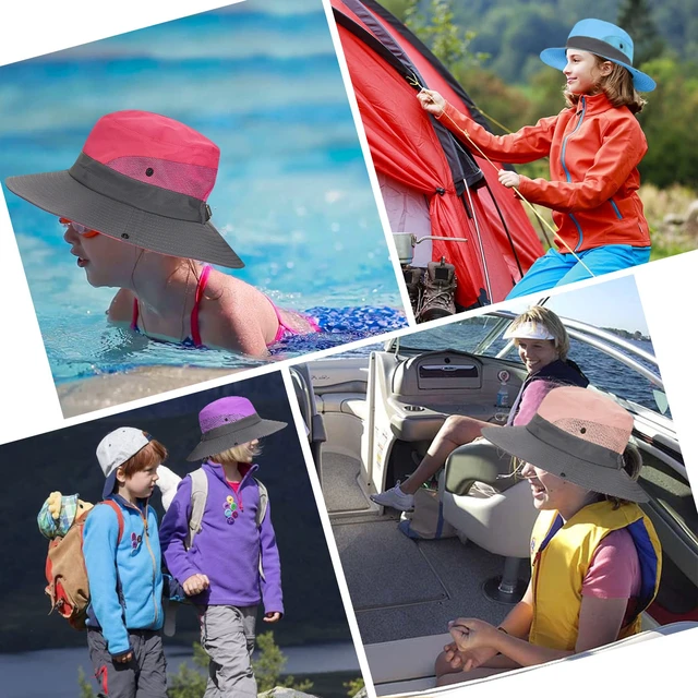 Alt view image 6 of 7 - Kids Sun Hat Ponytail Girls UPF 50 Bucket Cap Summer Beach Fishing Kids Hat Wide Brim Adjustable Swim Hat Solid Pink 8-12T