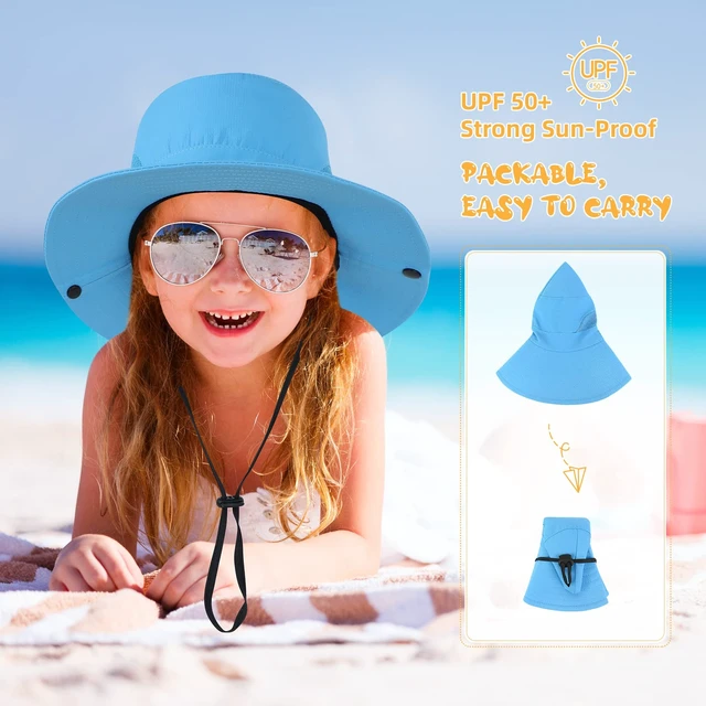 Alt view image 7 of 7 - Kids Sun Hat Ponytail Girls UPF 50 Bucket Cap Summer Beach Fishing Kids Hat Wide Brim Adjustable Swim Hat Solid Pink 8-12T