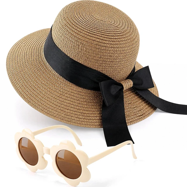 Main image of Girls Straw Sun Hat Bowknot Khaki Color | Kids Summer Beach Floppy Cap with Flower Sunglasses, Sun Protection Hats for Infant Toddler, Fits Head 50-52 cm, Ages 2-6