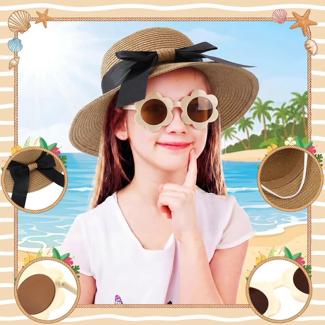Alt view image 3 of 7 - Girls Straw Sun Hat Bowknot Khaki Color | Kids Summer Beach Floppy Cap with Flower Sunglasses, Sun Protection Hats for Infant Toddler, Fits Head 50-52 cm, Ages 2-6