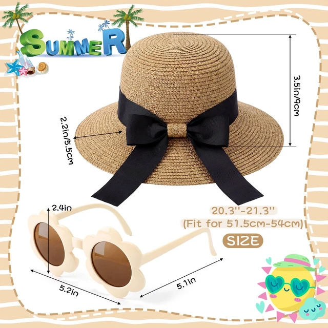 Alt view image 2 of 7 - Girls Straw Sun Hat Bowknot Khaki Color | Kids Summer Beach Floppy Cap with Flower Sunglasses, Sun Protection Hats for Infant Toddler, Fits Head 50-52 cm, Ages 2-6