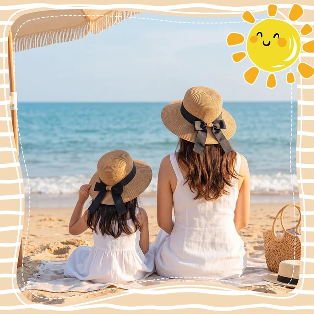 Alt view image 6 of 7 - Girls Straw Sun Hat Bowknot Khaki Color | Kids Summer Beach Floppy Cap with Flower Sunglasses, Sun Protection Hats for Infant Toddler, Fits Head 50-52 cm, Ages 2-6