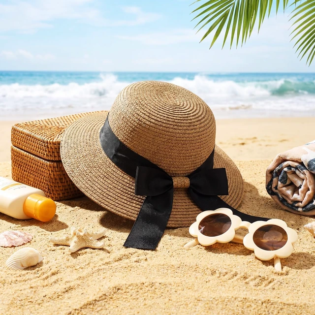 Alt view image 4 of 7 - Girls Straw Sun Hat Bowknot Khaki Color | Kids Summer Beach Floppy Cap with Flower Sunglasses, Sun Protection Hats for Infant Toddler, Fits Head 50-52 cm, Ages 2-6