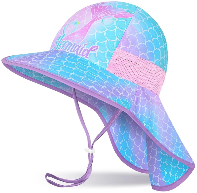 Main image of Girls Sun Hat for Kids UV Protection Unicorn Summer Hat Beach Play Hats Wide Brim Neck Flap for Girls Ponytail Hat 2-9 Years (Blue Purple Mermaid)