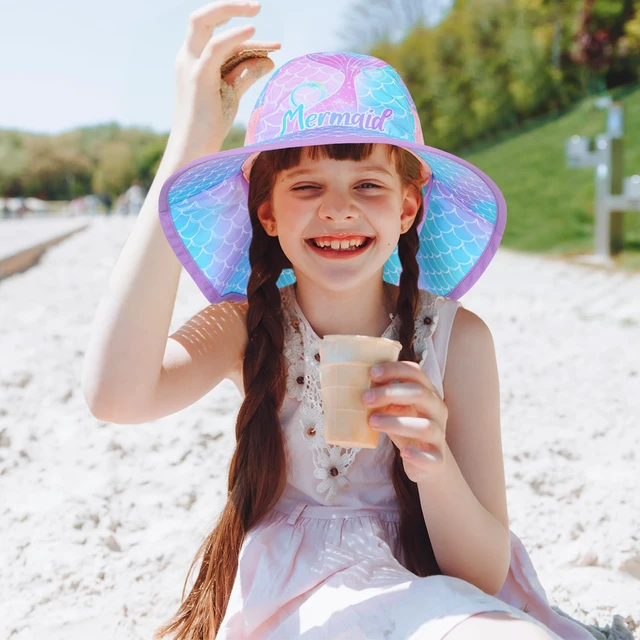 Alt view image 2 of 7 - Girls Sun Hat for Kids UV Protection Unicorn Summer Hat Beach Play Hats Wide Brim Neck Flap for Girls Ponytail Hat 2-9 Years (Blue Purple Mermaid)