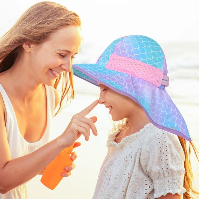 Alt view image 3 of 7 - Girls Sun Hat for Kids UV Protection Unicorn Summer Hat Beach Play Hats Wide Brim Neck Flap for Girls Ponytail Hat 2-9 Years (Blue Purple Mermaid)