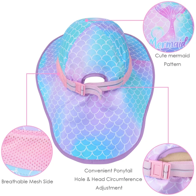 Alt view image 5 of 7 - Girls Sun Hat for Kids UV Protection Unicorn Summer Hat Beach Play Hats Wide Brim Neck Flap for Girls Ponytail Hat 2-9 Years (Blue Purple Mermaid)