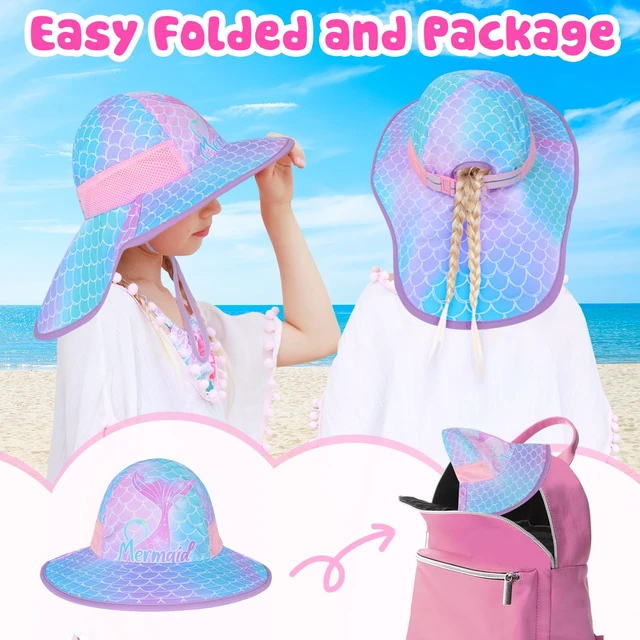 Alt view image 7 of 7 - Girls Sun Hat for Kids UV Protection Unicorn Summer Hat Beach Play Hats Wide Brim Neck Flap for Girls Ponytail Hat 2-9 Years (Blue Purple Mermaid)