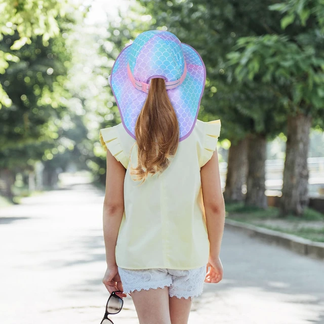Alt view image 6 of 7 - Girls Sun Hat for Kids UV Protection Unicorn Summer Hat Beach Play Hats Wide Brim Neck Flap for Girls Ponytail Hat 2-9 Years (Blue Purple Mermaid)