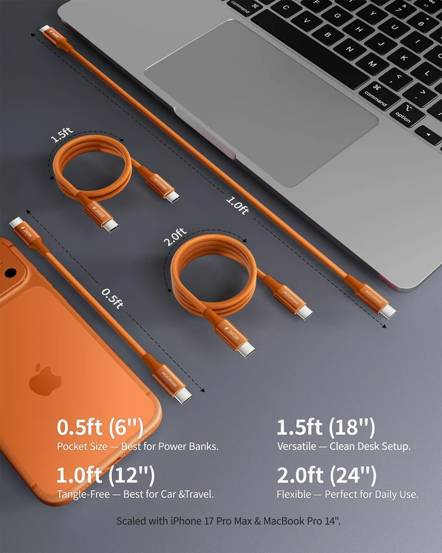 Alt view image 6 of 7 - 2-Pack 0.5ft 240W USB C to C Cable for Power Bank Pocket Charging | Short 6-Inch Portable Cord | PD 3.1 Fast Charge | For iPhone 17 16 15 Samsung | 48-Braided | 480Mbps Data Transfer