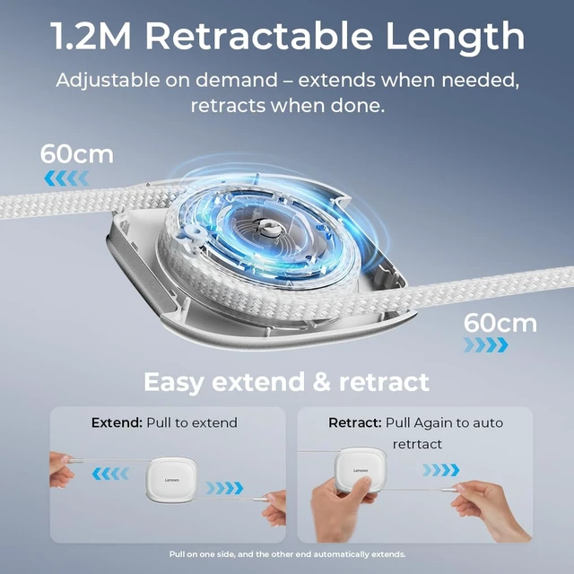 Alt view image 2 of 7 - 240W USB-C Retractable Cable, PD Fast Charging USB-C to USB-C, Smart Retractable Design, 1.2m (3.94 Ft), 480Mbps Data Transfer, Compact Portable Charger Cable for Laptop Tablet Phone, White