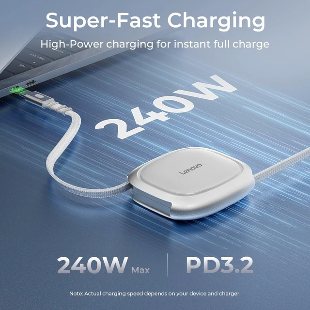 Alt view image 3 of 7 - 240W USB-C Retractable Cable, PD Fast Charging USB-C to USB-C, Smart Retractable Design, 1.2m (3.94 Ft), 480Mbps Data Transfer, Compact Portable Charger Cable for Laptop Tablet Phone, White