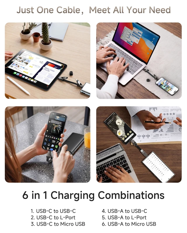 Alt view image 4 of 7 - 6-in-1 Keychain Charging Cable, Travel Essentials 60W PD Fast Charging Multi Charger Cable with USB-C, USB-A, L & Micro USB, Portable Magnetic Charger Cord for iPhone,iPad,MacBook,Cruise Accessories