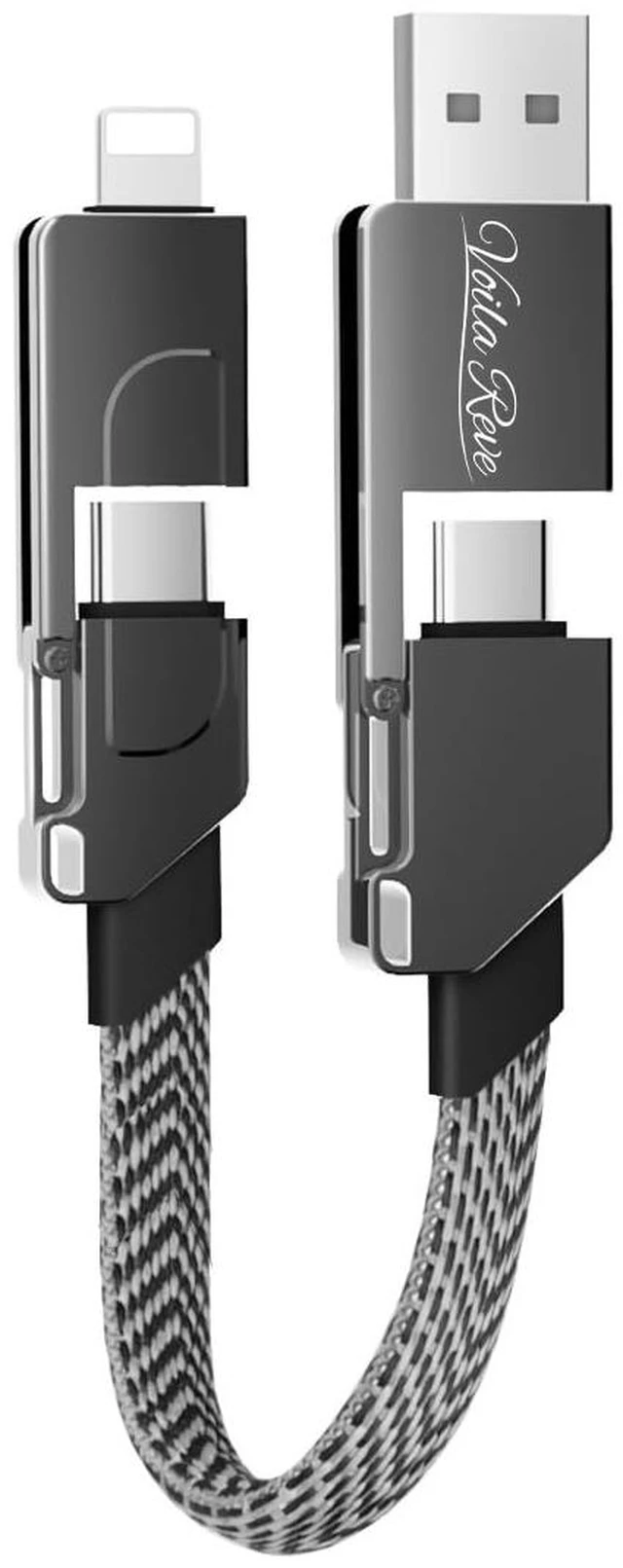Main image of 100W 6-in-1 Multi Charging Cable Keychain; Voila Reve Universal Fast Charger with USB-C, Lightning, and Micro USB; Portable USB-A/USB-C to Multi-Device Adapter