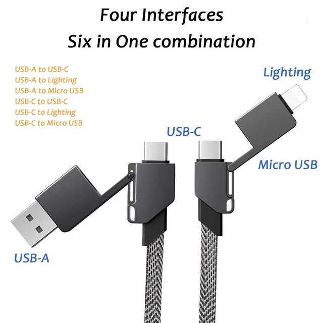 Alt view image 4 of 7 - 100W 6-in-1 Multi Charging Cable Keychain; Voila Reve Universal Fast Charger with USB-C, Lightning, and Micro USB; Portable USB-A/USB-C to Multi-Device Adapter
