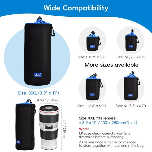 Alt view image 3 of 6 - Neoprene Camera Lens Pouch Case, Drawstring Bag for Lens up to 3.9x11" | Water-Resistant, Soft Padded, with Carabiner, Compatible with Canon EF 70-200mm, EF 100-400mm, EF 70-300mm AF-S 70-200mm