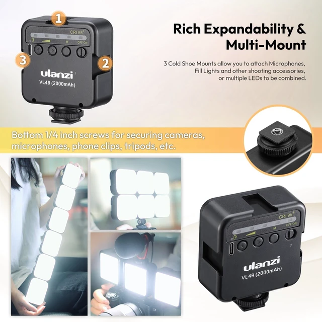 Alt view image 6 of 7 - VL49 On-Camera LED Video Fill Light, 5500K 2000mAh Rechargeable | CRI95+, 3 Cold Shoe Light, Dimmable Brightness, Portable Mini Photography Lighting, for Vlog TikTok YouTube Live Streaming