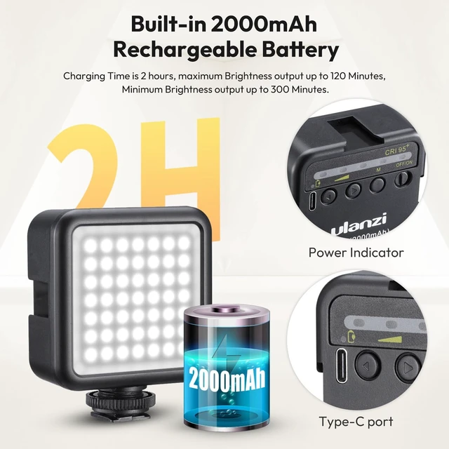 Alt view image 7 of 7 - VL49 On-Camera LED Video Fill Light, 5500K 2000mAh Rechargeable | CRI95+, 3 Cold Shoe Light, Dimmable Brightness, Portable Mini Photography Lighting, for Vlog TikTok YouTube Live Streaming