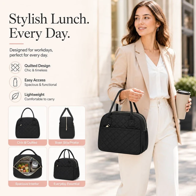 Alt view image 2 of 7 - Lunch Box for Women Insulated Lunch Bag Lunchbox Cooler Thermal Leakproof Quilted Reusable Lunch Tote Bag for Work School Travel Picnic (Black)