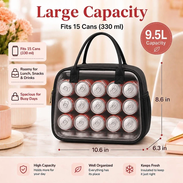 Alt view image 3 of 7 - Lunch Box for Women Insulated Lunch Bag Lunchbox Cooler Thermal Leakproof Quilted Reusable Lunch Tote Bag for Work School Travel Picnic (Black)