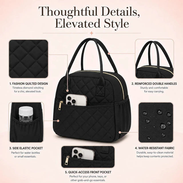 Alt view image 5 of 7 - Lunch Box for Women Insulated Lunch Bag Lunchbox Cooler Thermal Leakproof Quilted Reusable Lunch Tote Bag for Work School Travel Picnic (Black)