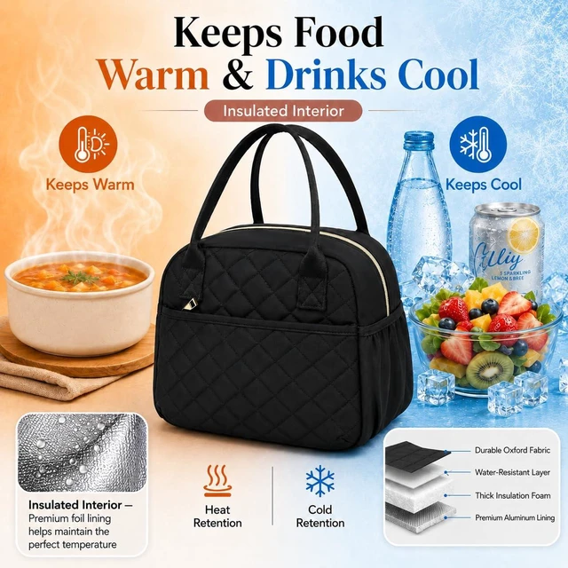Alt view image 4 of 7 - Lunch Box for Women Insulated Lunch Bag Lunchbox Cooler Thermal Leakproof Quilted Reusable Lunch Tote Bag for Work School Travel Picnic (Black)