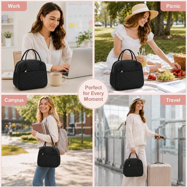 Alt view image 6 of 7 - Lunch Box for Women Insulated Lunch Bag Lunchbox Cooler Thermal Leakproof Quilted Reusable Lunch Tote Bag for Work School Travel Picnic (Black)