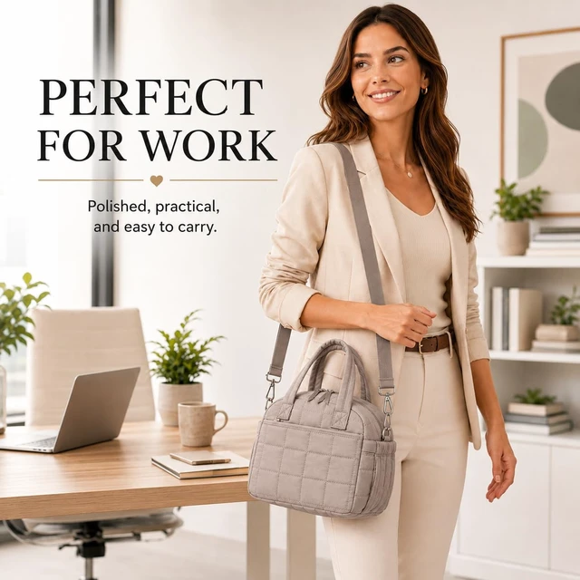Alt view image 3 of 7 - Lunch Box for Women, Quilted Insulated Lunch Bag, Puffy Lunch Tote with Adjustable Shoulder Strap for Work School Travel (Camel, Regular 9L)