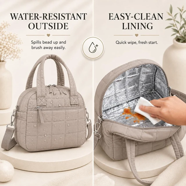Alt view image 4 of 7 - Lunch Box for Women, Quilted Insulated Lunch Bag, Puffy Lunch Tote with Adjustable Shoulder Strap for Work School Travel (Camel, Regular 9L)