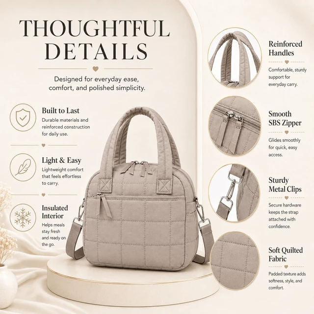 Alt view image 5 of 7 - Lunch Box for Women, Quilted Insulated Lunch Bag, Puffy Lunch Tote with Adjustable Shoulder Strap for Work School Travel (Camel, Regular 9L)
