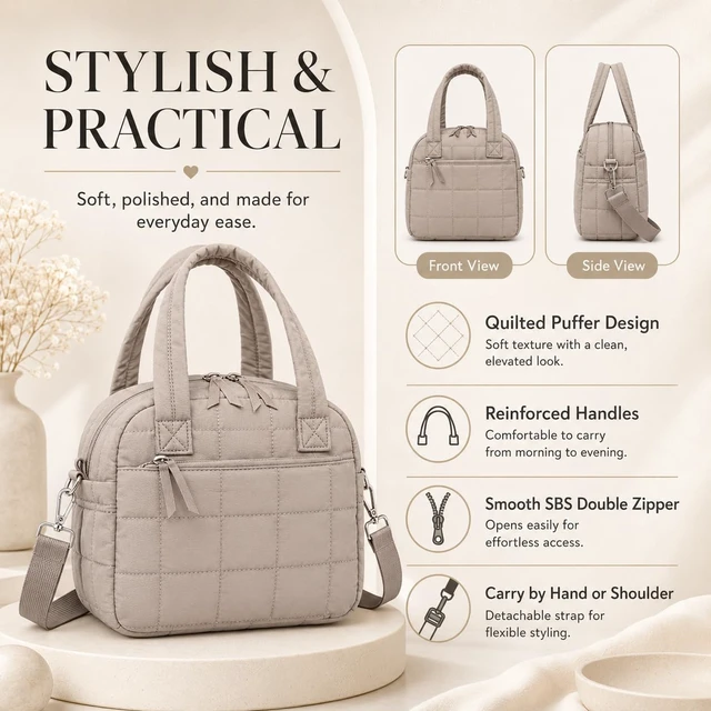 Alt view image 7 of 7 - Lunch Box for Women, Quilted Insulated Lunch Bag, Puffy Lunch Tote with Adjustable Shoulder Strap for Work School Travel (Camel, Regular 9L)