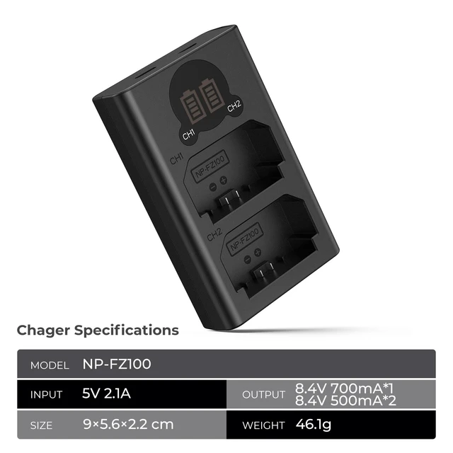 Alt view image 7 of 7 - NP-FZ100 Battery Charger, Dual-Slot Camera Battery Charger with LCD Display for Sony A7iii A7iv A7Rv A6700 A6600 A9 A1 FX3 FX30 ZV-E1 Cameras