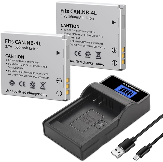Main image of 2-Pack NB-4L Battery, LCD Slim USB Charger Compatible for Canon ELPH 100 HS | 300 HS, 310 HS, 330 HS, VIXIA mini, Powershot SD400, SD450, SD600, SD630, SD750, SD780, SD940, SD1000, SD1100 is