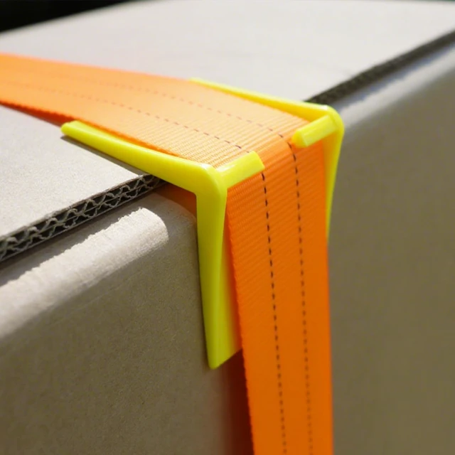 Alt view image 4 of 6 - 20 Pack 2 in V Shaped Corner Edge Protectors for Flatbed, Yellow | Crack resistant plastic, fits 1 to 2 inch tie down straps, heavy duty corner guards, for flatbed trailer pallets and moving