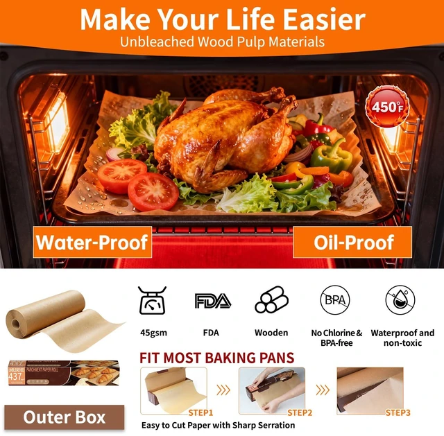 Alt view image 6 of 7 - Unbleached 15x350 ft Parchment Paper Roll, 437 Sq.Ft, Non Stick Brown Extra Long Baking Paper Sheets with Serrated Cutter for Cooking, Baking, Grillin, Steaming Bread Cookies, Oven/Air Fryer/Microwave
