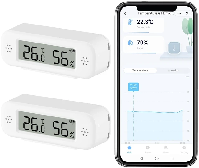 Main image of Smart Digital Thermometer Hygrometer, WiFi Indoor Temperature Humidity Sensor with App Alerts, Mini Room Temperature Meter with Data Storage and Export, Compatible with Alexa. 2PCS