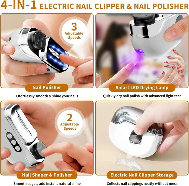 Alt view image 2 of 6 - Multi Functional Electric Nail Clippers Trimmer, 3 in 1 Electric Nail Clipper with 3 Adjustable Speeds, Electric Nail Polisher with LED Lights, Nail Scraps Storage, for Seniors AdultsBlack