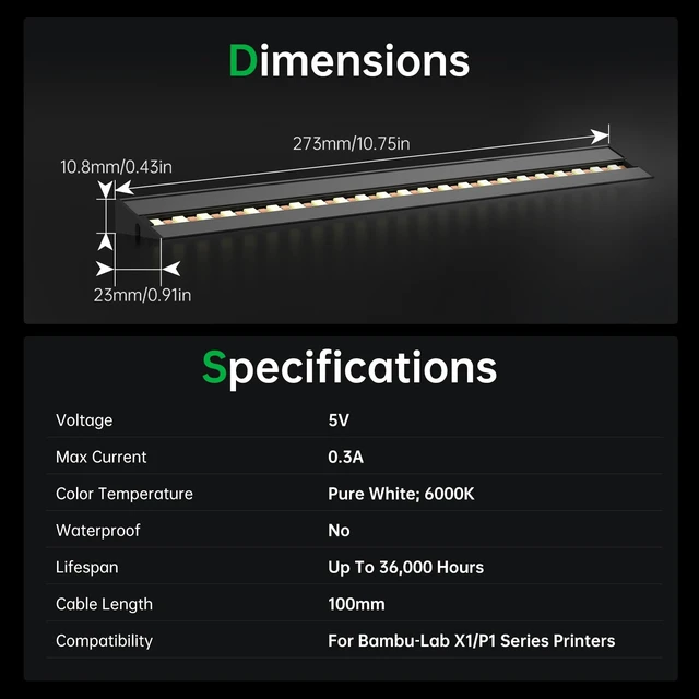 Alt view image 7 of 7 - Panda Lux for Bambu-Lab P1P, P1S, X1C, X1E 3D Printers LED Light Strip Magnetic Installation 5V 0.3A LED Light Bar