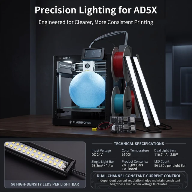 Alt view image 6 of 7 - for Flashforge AD5X Led Light kit,Plug&Play Magnet Installation Light Strip | Mobile App Remote Control,6500K Flicker-Free Dual Light Bar with 24V Voltage-Stabilized Board