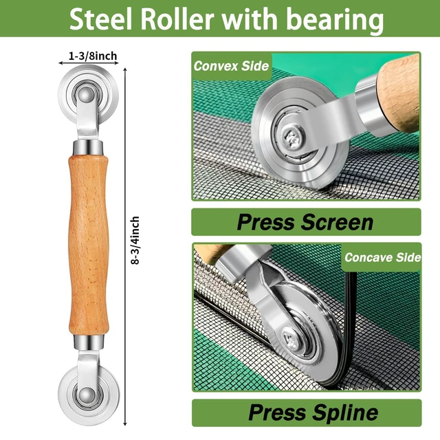 Alt view image 2 of 6 - 3-in-1 Window Screen Repair Kit, Steel/Nylon Roller & Hook | Repair window screens and screen doors with steel/nylon bearing rollers, dual wheels, spline hook, and ergonomic wood handle.