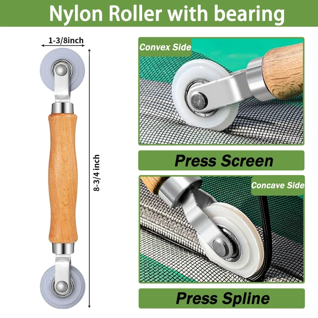 Alt view image 3 of 6 - 3-in-1 Window Screen Repair Kit, Steel/Nylon Roller & Hook | Repair window screens and screen doors with steel/nylon bearing rollers, dual wheels, spline hook, and ergonomic wood handle.