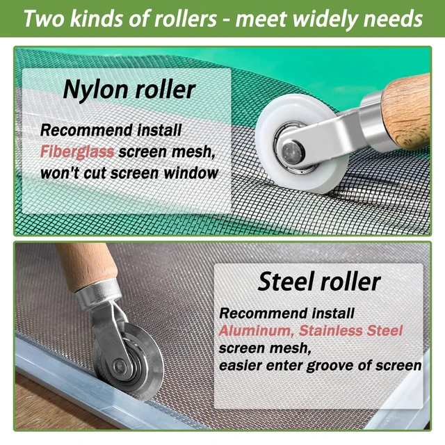 Alt view image 4 of 6 - 3-in-1 Window Screen Repair Kit, Steel/Nylon Roller & Hook | Repair window screens and screen doors with steel/nylon bearing rollers, dual wheels, spline hook, and ergonomic wood handle.